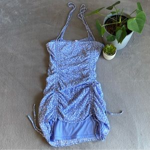 Garage blue and white floral ruched mini dress size small
